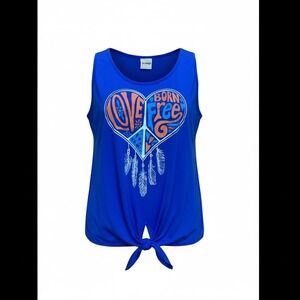 Jerry Leigh Royal Blue Love Born Free Graphic Tank Top Lace Back Tie Front XL